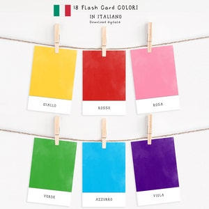 18 Flashcard COLORI per bambini stampabili in Italiano, metodo Montessori per imparare nuove parole giocando.