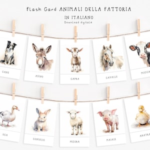 14 Flashcard ANIMALI DELLA FATTORIA in Italiano, metodo Montessori, Carte gioco stampabili, Download istantaneo