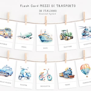18 Tarjetas Flash de Transporte en Italiano, Tarjetas Flash Montessori, Postales Preescolares, Postales Educativas en Papel, DESCARGA INSTANTE