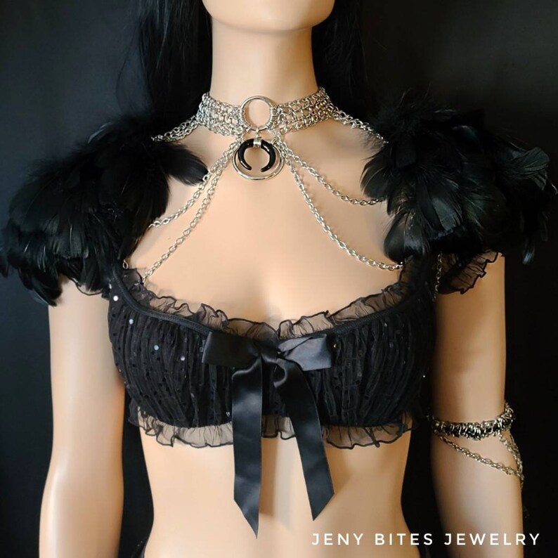 Moon Raven Epaulettes Chain and Feather Shoulder Jewelry image 3