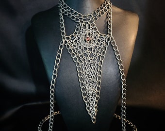 Gothic Gunmetal Chain Necklace and Harness, Crescent Moon Neck-piece