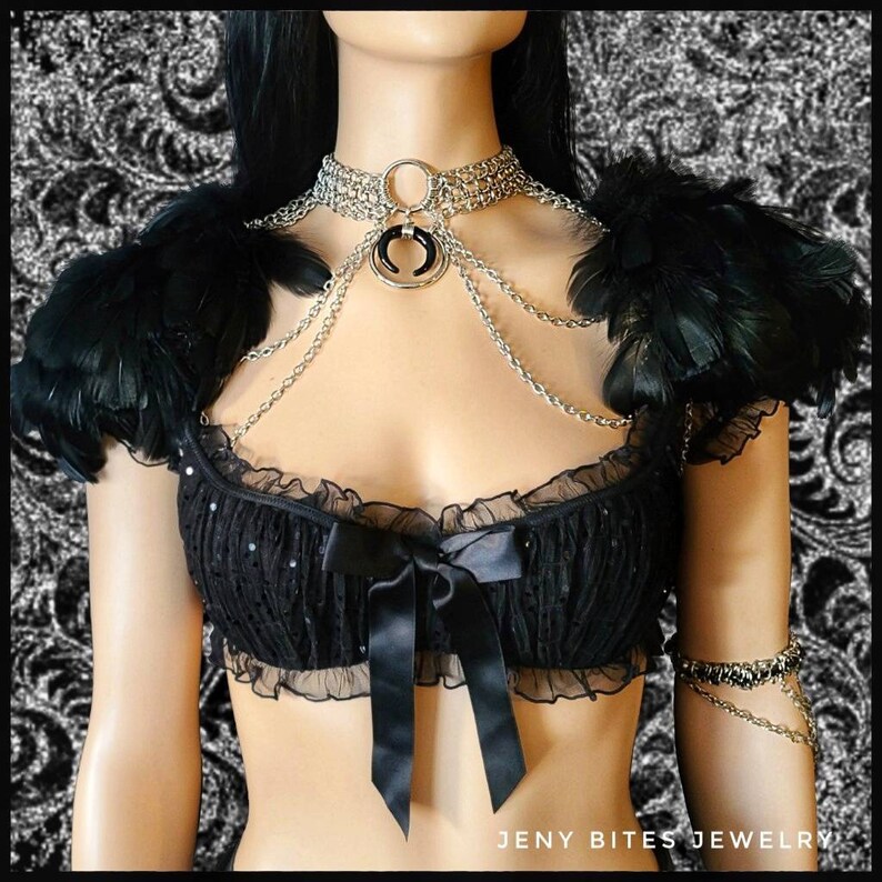 Moon Raven Epaulettes Chain and Feather Shoulder Jewelry image 1