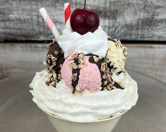 Neapolitan Ice Cream Sundae, Fake Ice Cream Cup, Tiered Tray Decor, Kitchen Decor, Faux Ice Cream Dessert With Cherry, Fake Food Display