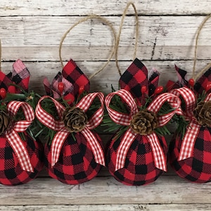 Buffalo Plaid Red and Black Christmas Ornaments Set Of 4 Farmhouse Rustic Christmas, Red and White Ribbon, Pinecones, Berries, Greenery