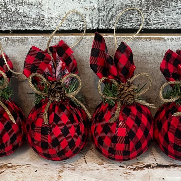 Buffalo Plaid Red and Black Christmas Ornaments Set Of 4 Farmhouse Rustic Christmas, Pinecones, Berries, Greenery, Jute