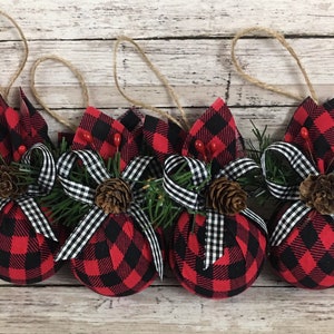Buffalo Plaid Red and Black Christmas Ornaments Set Of 4 Farmhouse Rustic Christmas, Pinecones, Berries, Greenery