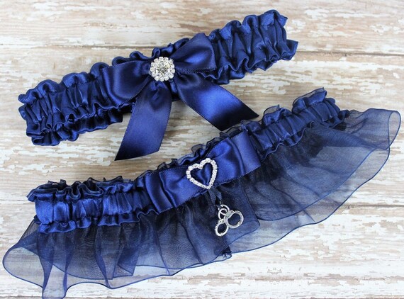 Wedding Garter Navy blue with diamant\u00e9 /& heart charm available in 3 sizes