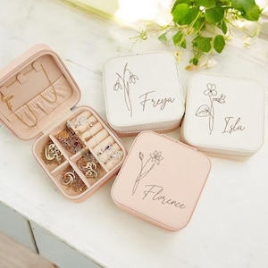 Portagioielli da viaggio personalizzato, regalo per la festa nuziale, portagioielli con fiori di nascita, proposta di matrimonio per damigella d'onore, regali per il suo compleanno,