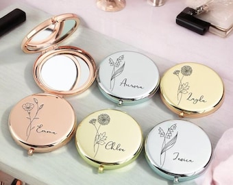 Personalized Compact Mirror Mirror Gift For Wedding,Luxurious Pocket Mirror For Bridesmaid Gifts, Birth Flower Gift for women Gift for Her.