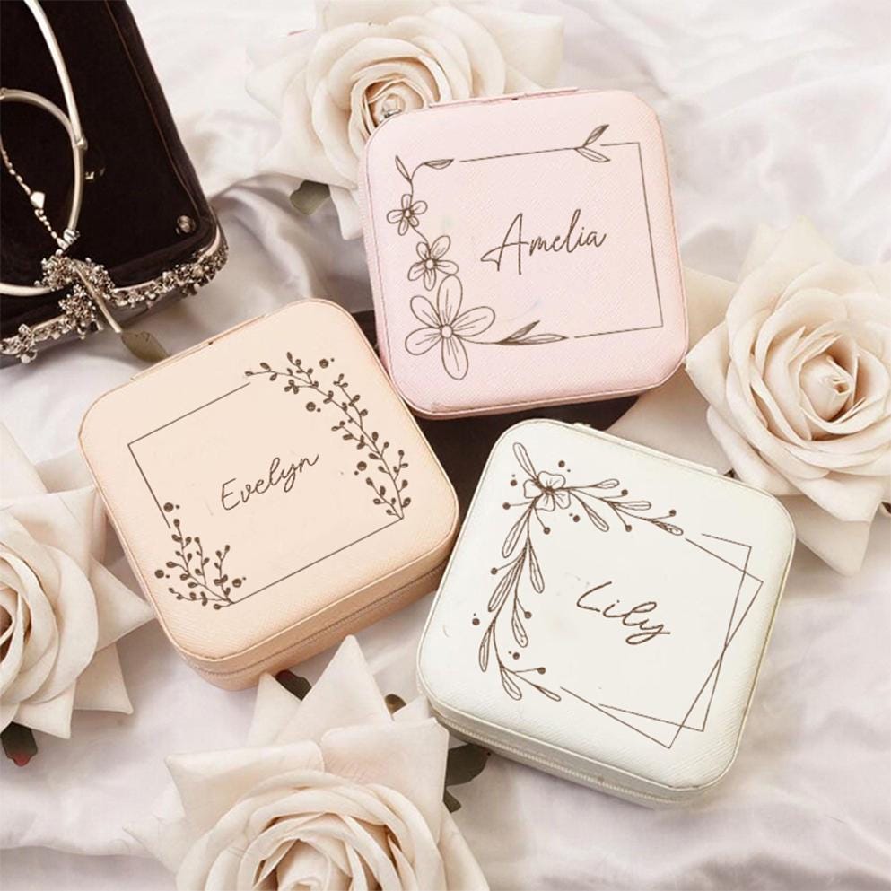 Portagioie da viaggio personalizzato, organizer compatto per orecchini, scatola regalo quadrata per damigelle d'onore, per sorelle, amiche e damigelle d'onore.