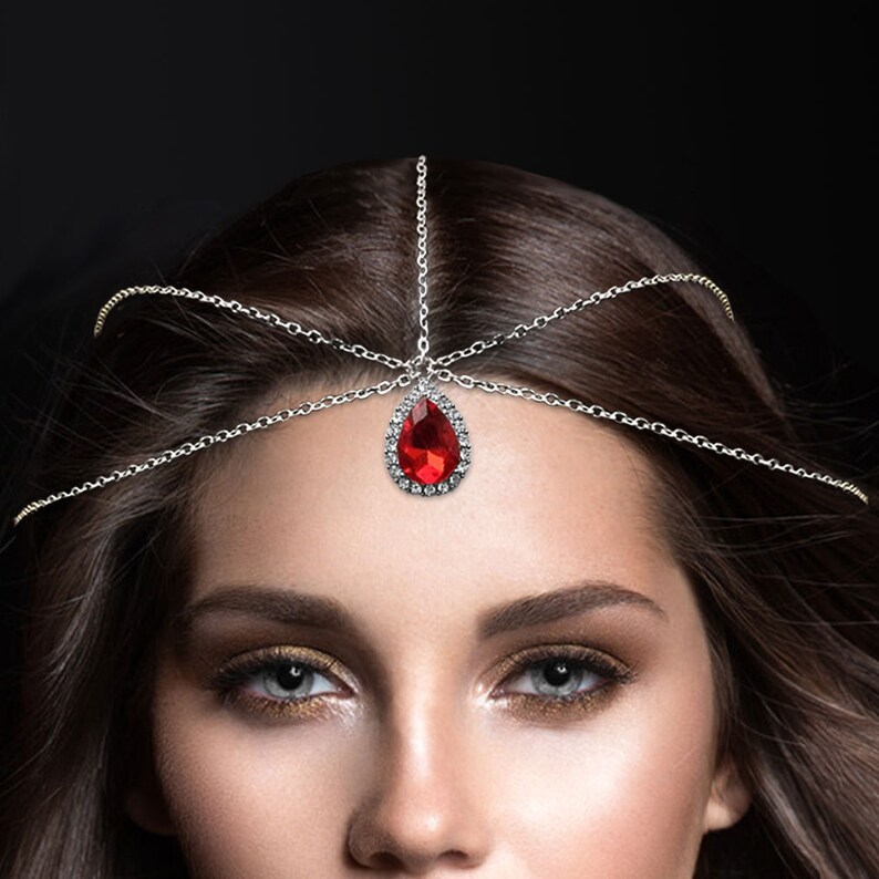 Silver Red Crystal Statement Indian Matha Patti Tikka Head Chain
