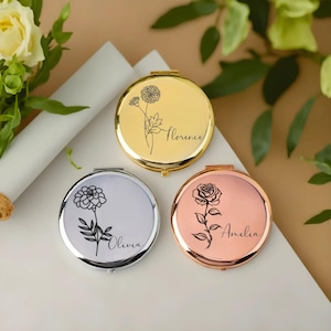 Personalized Luxurious Birth Flower Compact Mirror Gift For Wedding Mirror For Bridesmaid Gifts, Customized Birth Flower For Her