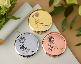 Specchio compatto personalizzato con fiore di nascita di lusso, regalo per matrimonio, specchio per damigella d'onore, fiore di nascita personalizzato per lei