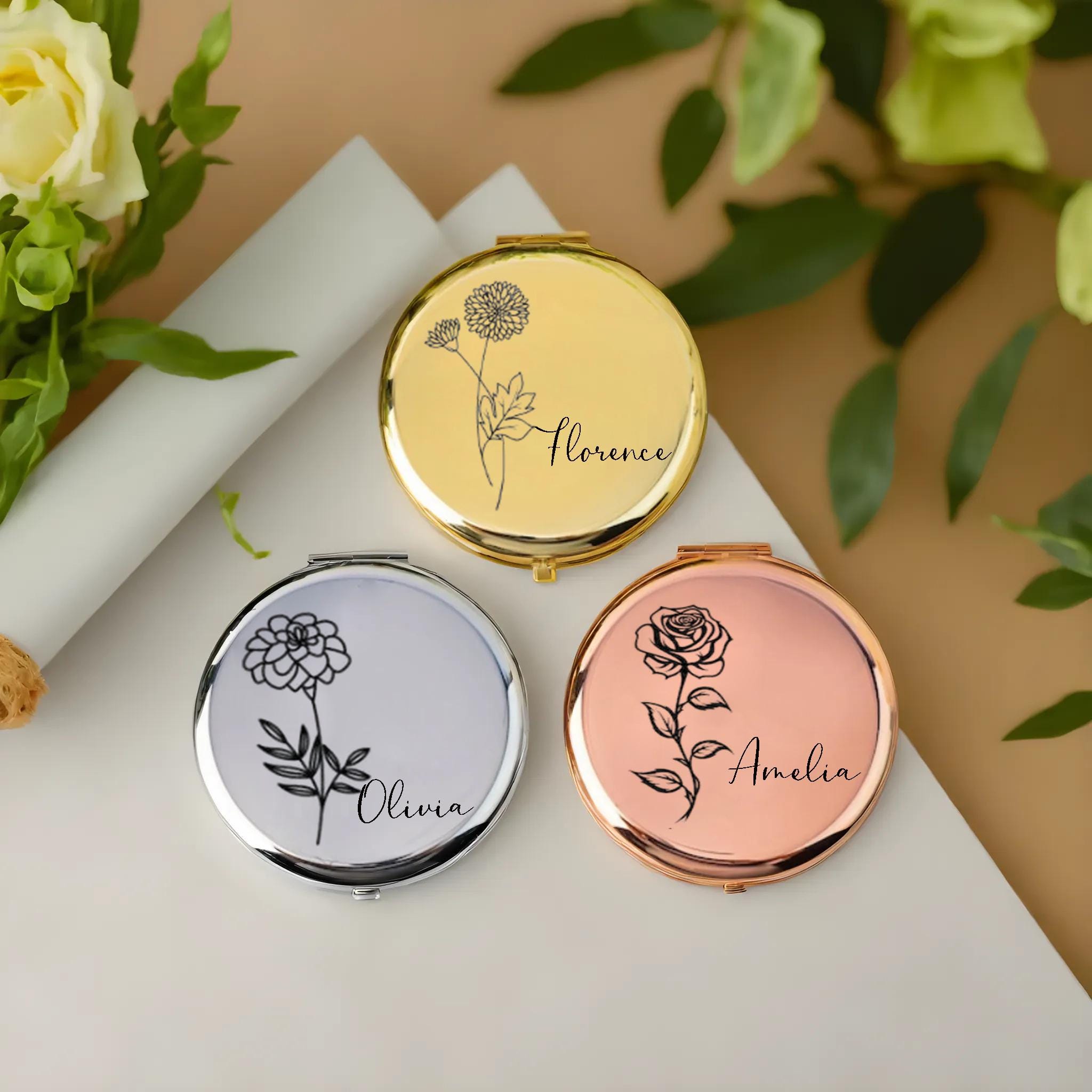 Espejo compacto personalizado con flor de nacimiento de lujo, regalo para boda, espejo para dama de honor, flor de nacimiento personalizada para ella.