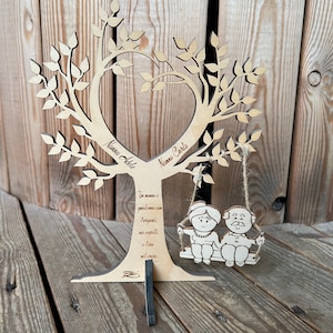 Può includere: Un'incisione in legno di un albero con un tronco a forma di cuore. L'albero ha due rami con un'altalena appesa a uno di essi. Due figure sono sedute sull'altalena. Il testo "Nonna Adele" e "Nonno Carlo" è inciso sul tronco dell'albero. Il testo "Un manas è goalcomo con Cargenta nei capelli e tare nel cuore" è inciso sul tronco dell'albero.