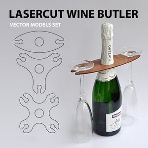 May include: Laser cut wine butler with two glass holders and a bottle holder. The butler is made of wood and is designed to hold a bottle of wine and two glasses. The butler is shown with a bottle of wine and two glasses in place.