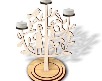 Laser, File, Candelabro in legno a forma di albero con gattino e uccellino