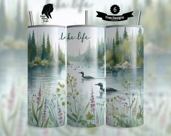 Lake Life 20 oz Tumbler Wrap, Loon Duck Bird Sublimation Graphic, Watercolor Lake Design, Seamless Straight Tapered, Digital download