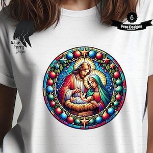 Stained Glass Nativity T-Shirt PNG, Mary Joseph Jesus Manger Tee Sublimation Design, Digital Download, Transparent Background Commercial Use