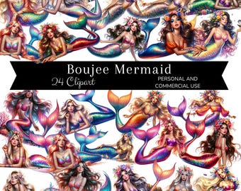 Boujee Mermaid Clipart Bundle, Sparkle Floral Sublimation Design, Digital Download, Transparent Background PNG, Waterslide, Commercial Use