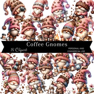 Könnte beinhalten: Ein Set mit 18 digitalen Clipart-Bildern, die Gnome mit Kaffeebohnen-Akzenten zeigen. Die Gnome tragen rosa und braune Hüte und haben weiße Bärte. Sie halten Kaffeetassen, Becher und andere Kaffee-Artikel. Die Bilder sind perfekt für Basteln, Scrapbooking und andere kreative Projekte.