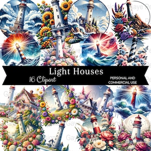 Puede incluir: Una colección de 16 imágenes prediseñadas de faros. Los faros se representan en varios entornos, incluyendo cerca de olas rompiendo, rodeados de flores y bajo cielos soleados. Se muestra el texto "Light Houses" y "16 Clipart".