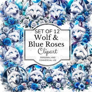 Watercolor Wolf Clipart: Blue Floral Moon Design (PNG Digital Download, Commercial Use)