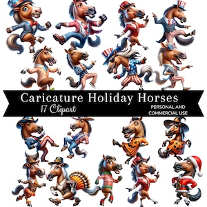 Caricature Horse Clipart Bundle, Holiday Dancing Sublimation Design, Digital Download, Transparent Background PNG, Waterslide Commercial Use