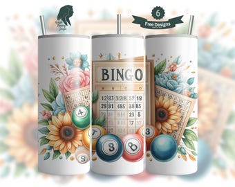 Floral Bingo Card 20 oz Skinny Tumbler, Gaming Bingo Wrap, Seamless Straight Tapered, Sublimation Graphic, Digital Download
