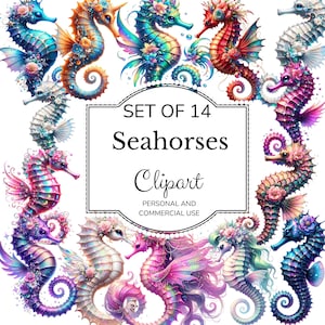 May include: Set of 14 colorful seahorse clipart images. Each seahorse is decorated with flowers and iridescent scales. The text "Set of 14 Seahorses Clipart Personal and Commercial Use" is displayed on a white banner.