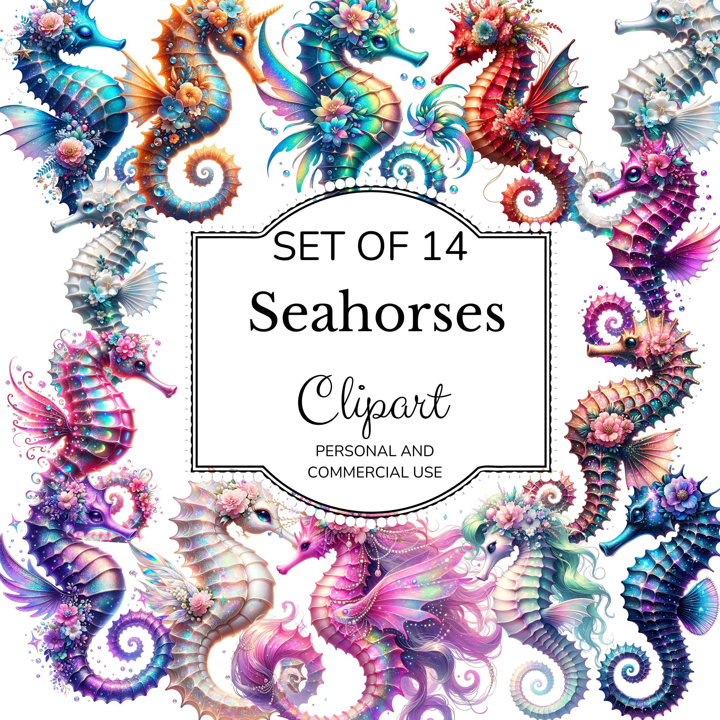 Boujee Sea Horses Clipart Bundle, Fancy Floral Sublimation Design, Digital Download, Transparent Background PNG, Waterslide, Commercial Use