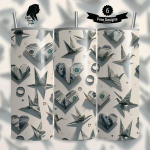 Origami Money Bill 20 oz Tumbler Wrap, Ben Franklin Sublimation Graphics, Crafter Design, Seamless Straight Tapered, Digital Download
