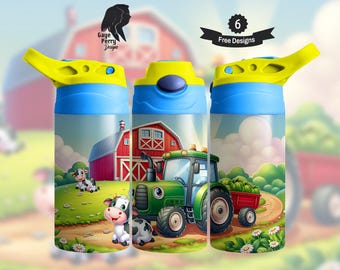 Kids Farm Tractor 12 oz Flip Top Tumbler, Barn Cow Child Sippy Cup, 10 oz, 15 oz Seamless Kids Wrap, Sublimation Graphic, Digital Download
