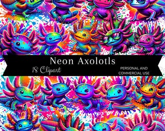 Neon Axolotl Clipart, Salamander Sublimation Graphic, Colorful Design, Digital Download, Transparent Background PNG, Commercial Use