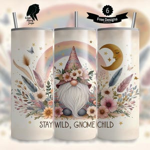Boho Gnome 20 oz Tumbler Wrap, Floral Bohemian Sublimation Graphics, Crafter Design, Seamless Straight Tapered, Digital Download