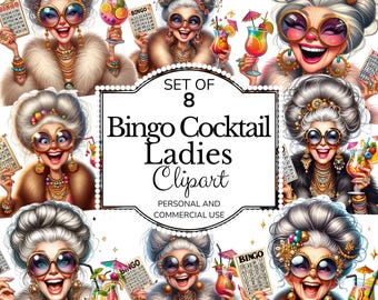 Old Lady bingo Clipart, Cocktails Bundle, Sublimation Design, Digital Download, Transparent Background PNG, Waterslide, Commercial Use