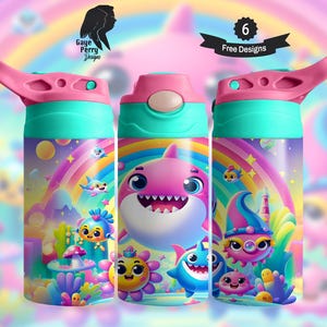 Regenbogen Kawaii Hai 12 oz Flip Top Becher, Kinder Ocean Schnabeltasse, 10 oz, 15 oz nahtlose Kinderverpackung, Sublimationsgrafik, digitaler Download