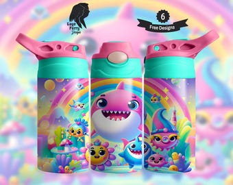 Rainbow Kawaii Shark 12 oz Flip Top Tumbler, Childs Ocean Sippy Cup, 10 oz, 15 oz Seamless Kids Wrap, Sublimation Graphic, Digital Download