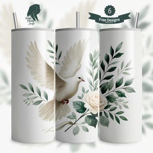 Dove With Olive Branches Tumbler Wrap, White Rose 20 oz Skinny Tumbler, Seamless Straight Tapered, Sublimation Design, Digital Download