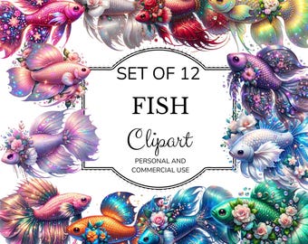 Boujee Fish Clipart Bundle, Glitter Floral Sublimation Design, Digital Download, Transparent Background PNG, Waterslide, Commercial Use