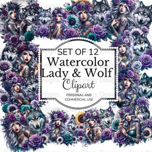 Pode incluir: Um conjunto de arte digital com 12 ilustrações em aquarela. A obra apresenta mulheres com coroas de flores e lobos, rodeadas por flores roxas e turquesas. O texto diz "SET OF 12 Watercolor Lady & Wolf Clipart".