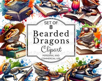 Bearded Dragon Clipart, Lizard Books Tropical Cocktail Sublimation, Transparent Background PNG, Waterslide, Commercial Use, Digital Download