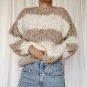 Chunky Alpaca Heavyknit Sweater handknitted - striped vanilla/sand