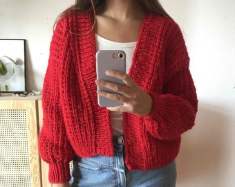 Chunky Heavyknit Cardigan 100% Wool, handknitted - love red