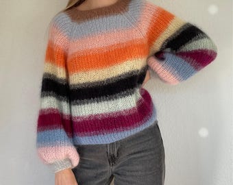 Strickanleitung Mohair Pullover PDF | Oversized flauschiger Pullover | Mohair Strickmuster | Strickpullover mit Streifen | Download DEUTSCH