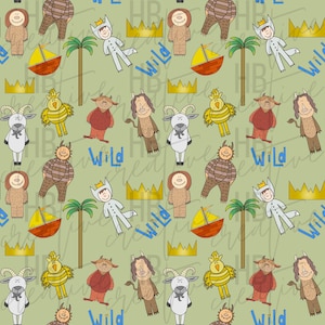 May include: A green background with a repeating pattern of various characters from the book Where the Wild Things Are. The characters include a wild thing, a goat, a bird, a palm tree, a boat, a crown, and a wild thing wearing a crown. The text "Wild" is repeated throughout the pattern.