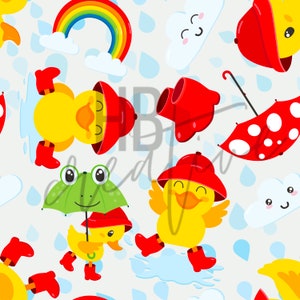 Op de afbeelding: Een naadloos patroon met gele eendjes die rode regenlaarzen en hoeden dragen, groene kikkers die paraplu's vasthouden, rode en witte stippenparaplu's, wolken met smiley-gezichten en regenbogen op een lichtgrijze achtergrond.