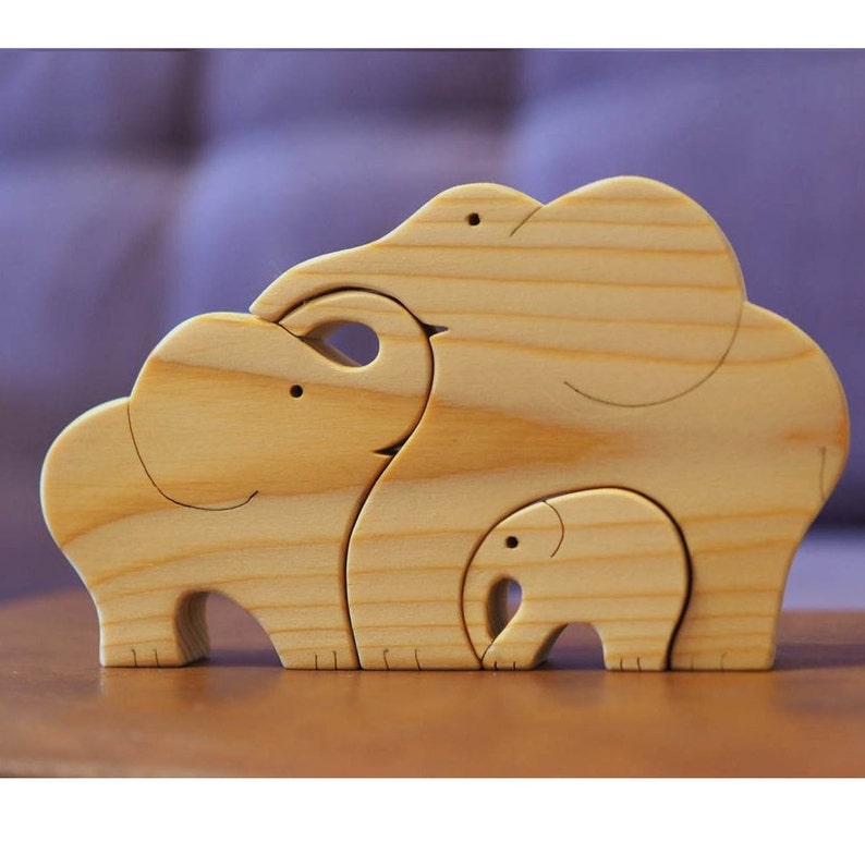 Wooden Puzzle Elephants Family Kids Gift Wood Animals - Etsy