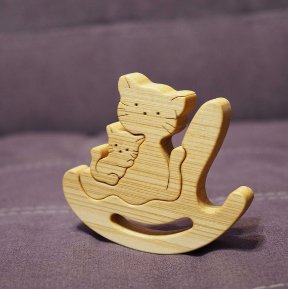 Wooden balance toy, game, cat mummy + baby, Montessori material, wood animal puzzle, Waldorf toy, cat family, for baby / toddler