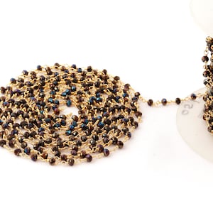 Faceted Black Pyrite Rosary Chain: Gold Plated Beaded Gemstone Chain (3-3.5mm)